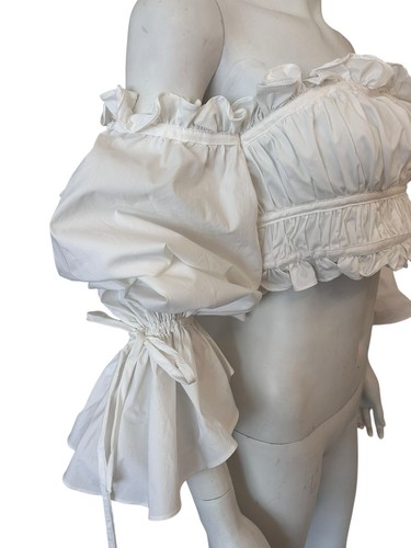 House of CB White Off Shoulder Corset Crop Top Puff Sleeves Ruffles Cottagecore - Picture 9 of 18