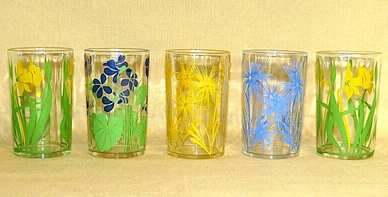 Vintage 1940's Set of 5 Kraft SWANKY SWIGS Floral Juice Glasses, 4 oz.