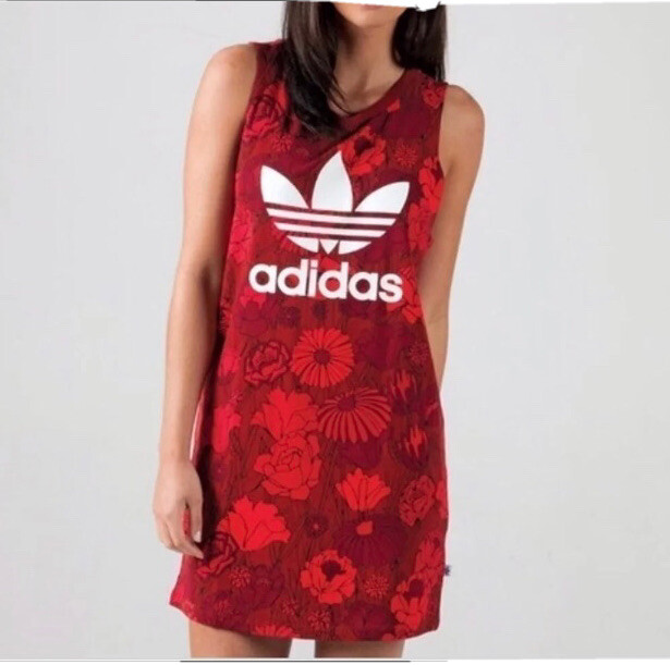 Adidas Originals Red Floral Trefoil logo Tank top T-shirt dress