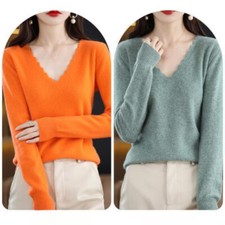 Women V-neck Sweater Pullover Jumper Top Knitted Soft Casual Long Sleeve New