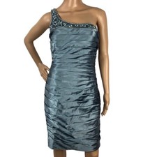 Adrianna Papell Satin Formal Evening Dress Tiered Embellished Beaded Mini SZ 10