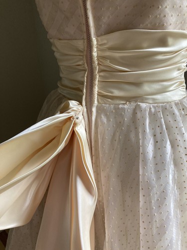 Vtg 50s Taffeta Flocked Swiss Dot Prom Evening Wedding Gown Satin Sash Bow xs-s - Picture 9 of 13