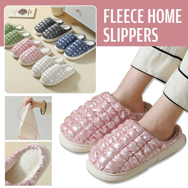 Down Cloth Warm Plush Lined Non slip Slippers Shiny Indoor House