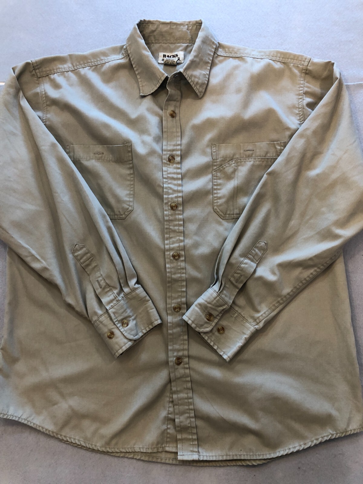 Button Down Shirt Men's Large Beige Long Sleeve Chest Pocket