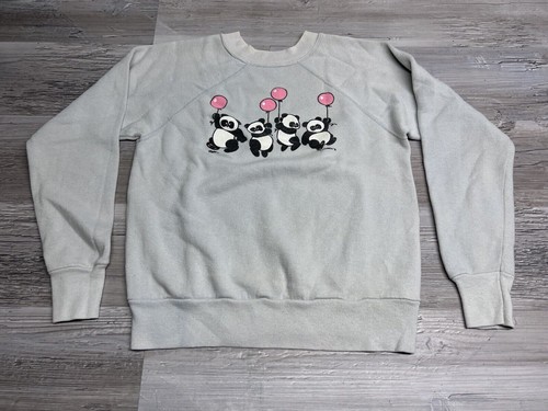 Vintage 80s 90s Cute Animal Sweatshirt Panda Bears Raglan Gray Size S Sun Faded