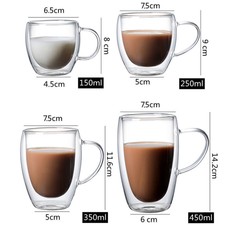 Double Wall Insulated Glass Coffee Glass Mug Tea Cup With Handle 150/250/350/450