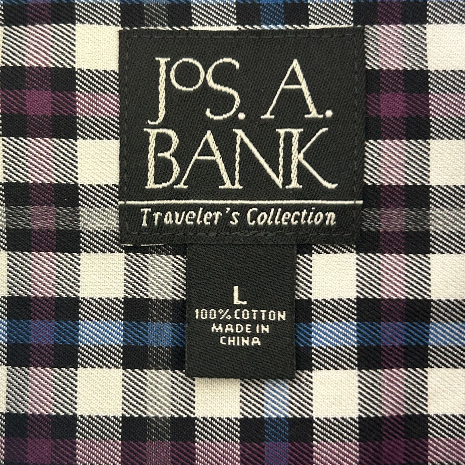 Jos A Bank Travelers Button Down Shirt Mens Size L Blue Purple Plaid Long Sleeve
