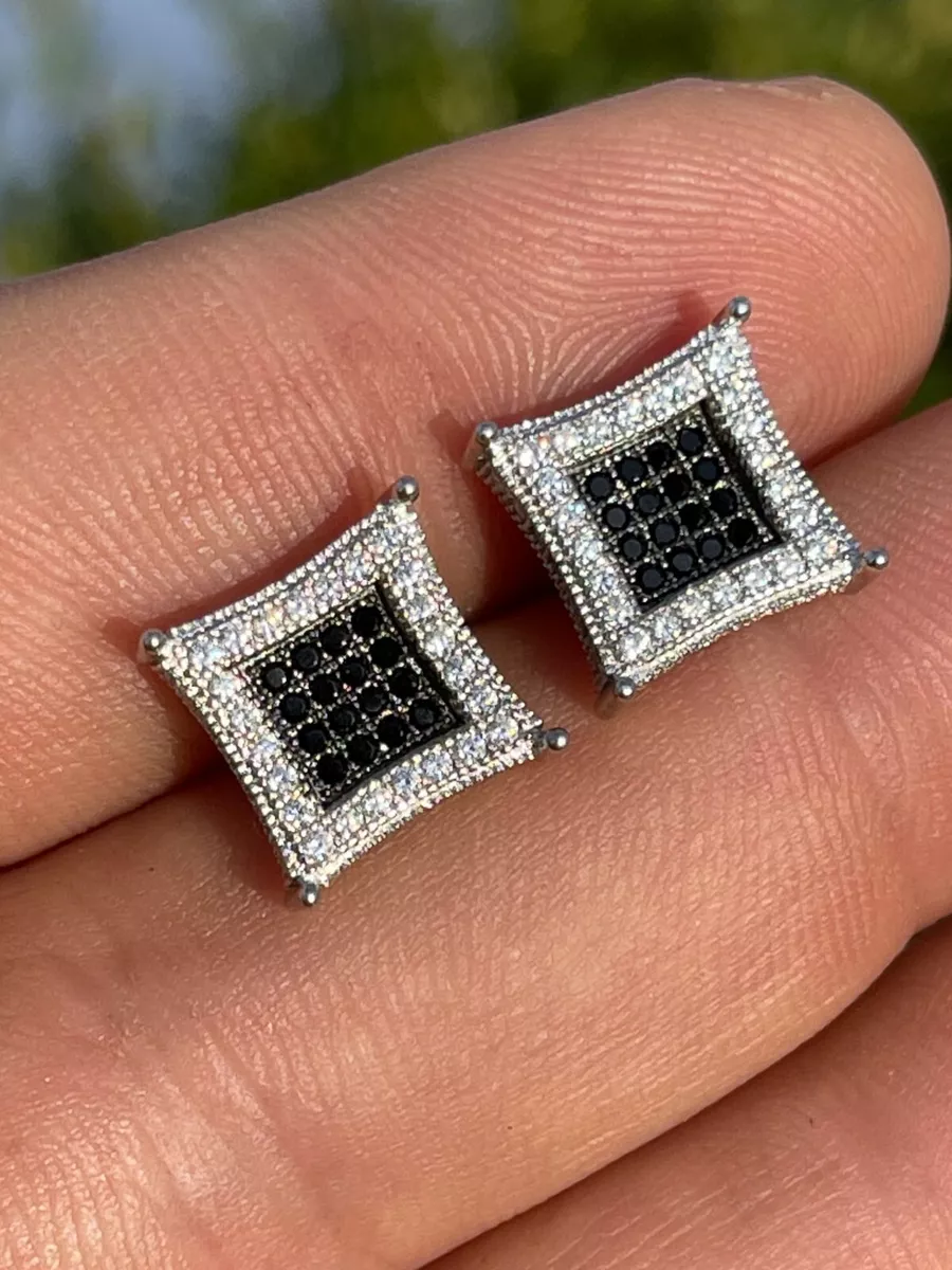 Mens Real 925 Solid Sterling Silver Iced Kite Square Black CZ Earrings Stud