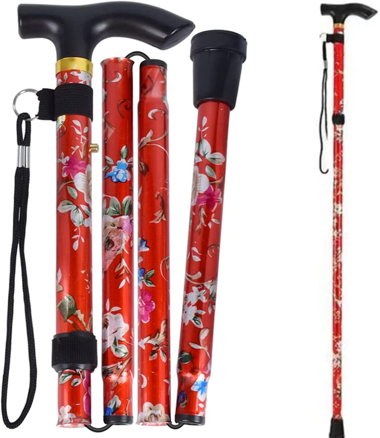 Canne de marche anti douleurs pliable en alu rouge à fleurs