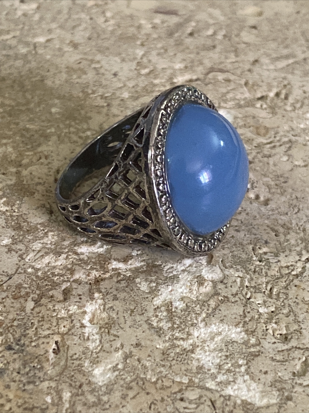 Silver Tone Blue Translucent Moonstone Chunky Rin… - image 1