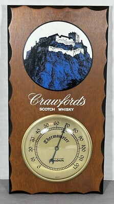 Advertising Thermometer Crawford s Scotch Whisky Convex Glass Vtg Wood Sign Bar 