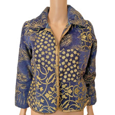 Yak Magik Navy & Tan Silk Trimmed Open Front Blazer Jacket Made Nepal Small