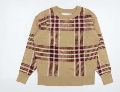 Max Studio Damenpullover beige Rundhals kariert Viskose Größe S