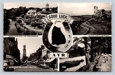 RPPC Good Luck From Ayr Horseshoe W/ Black Cat, Classic Cars VINTAGE Postcard