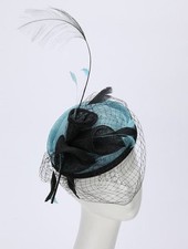 EXQUISITE HANDMADE AQUA  BLACK SINAMAY FASCINATOR WITH FLOWERS  FEATHERS