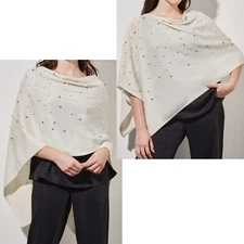 Ming Wang one size cashmere wool blend pearl beaded poncho white knit holiday