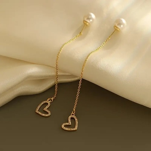 Golden Heart Shape Faux Pearl Threader Rhinestone Inlaid Dangle Earrings Women - Picture 3 of 6