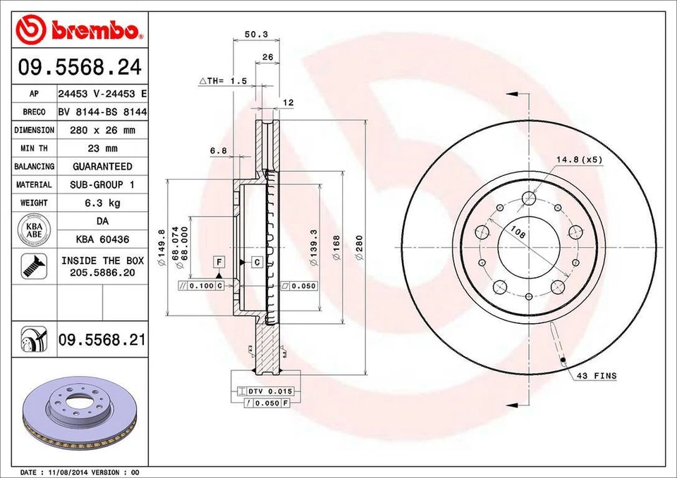 Rotor de freno de disco delantero Brembo 09.5568.21 280 mm para Volvo S70 1998-2000 Foto 2 de 3