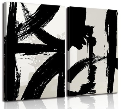 Black and White Brush Stroke Canvas Wall Art Modern 12x16 inches,