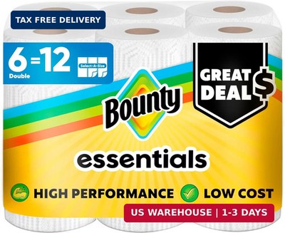 Bounty Essentials Select-A-Size Paper Towels, 6 Double Rolls, White, 108 Sheets