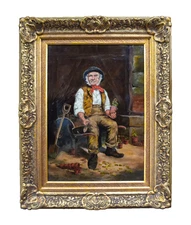Antique Oil Painting Portrait Man Elderly Gardener 19th Century European School