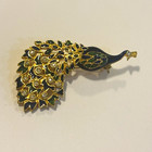 Vintage Peacock Brooch Blue Green Enamel Rhinestone Gold Tone Bird Pin — photo 1