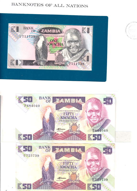 Zambia 1 & 50 Kwacha 1986-1988 Banknote World Paper Money UNC