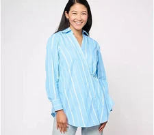 Studio Park  Woven Collared Wrap Shirt-Sky Blue Stripe-Medium A619286 NEW