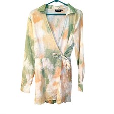 Pretty Little Thing Size US 10 Wrap Mini Dress Pastel Green Pink Tropical Vaca