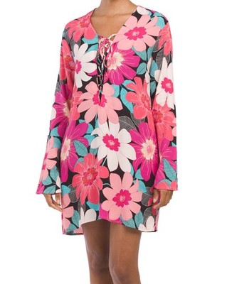 LA BLANCA In Full Bloom Lace-Up Floral Swimsuit Cover-Up Beach Dress S NEW