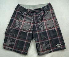 Quicksilver Board Shorts Men s 36 Gray Floral Plaid Swim Trunks Surf Edition