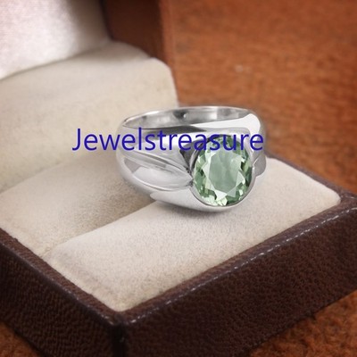 Natural Green Amethyst Gemstone with 925 Sterling Silver Ring For Men's  #9595