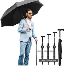 Adjustable Walking Stick Umbrella Heavy Duty Hiking Cane Rain Umbrella, Black