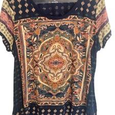 Lucky Brand Boho T Shirt Womens 1X Navy Blue Cotton Blend Festival Ethnic