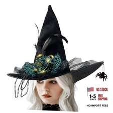 Halloween Black Witch Hat with Spider, Light up Velvet Witch Hat Black-2