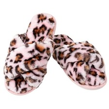LZSYC Women's Slippers Open Toe Fuzzy Cross Band Bedroom Shoes,Leopard Pink...