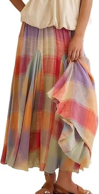 Women Multicolour Plaid Ruffle Elastic Waist Flowy Long Skirt Summer Ruche Color