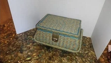 Vintage Wicker Woven Sewing Basket Box Blue Satin Quilted with Notions Japan