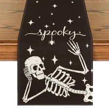  Spooky Skeleton Spider Bone Halloween Table 13" x 72", Table Runner Black