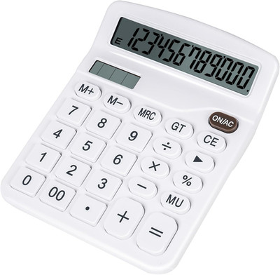 Cute White Desktop Calculator with Big Buttons, Dual Power Source, Solar and Bat