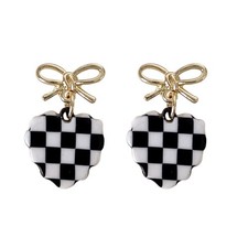 Buffalo Plaid Earrings Heart Dangle Earrings for Women Black and White Christmas
