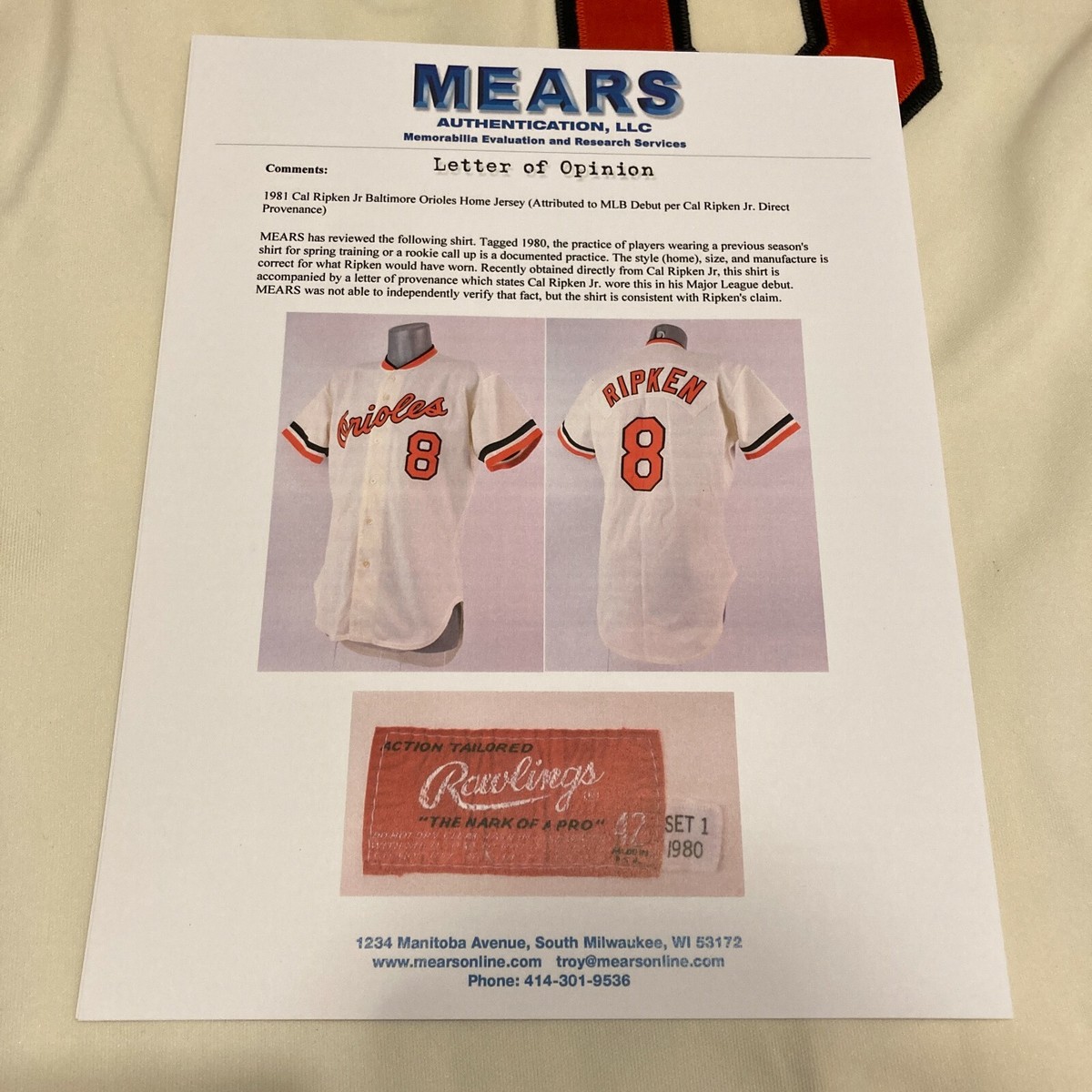 Cal Ripken Jr. 1981 Rookie MLB Debut Signed Game Used Jersey Cal Ripken Jr. 1981 Rookie MLB Debut Signed Game Used Jersey