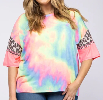 PASTEL Tie Dye SHIRT TOP Size 1XL 1X Womens Plus SHORT SLEEVES Pink Blue MULTI