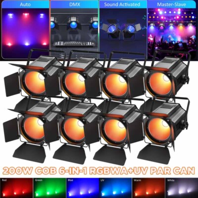 200W COB LED RGBWA UV Par Light DMX Spotlights with Barn Door DJ Stage Lighting