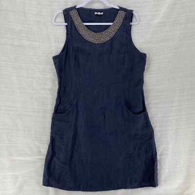 Lina Tomei Dress Womens MEDIUM Blue Linen Stretch Beaded