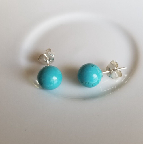 Sleep Beauty Color Turquoise 8mm Ball Stud Earrings Solid 925 Sterling Silver