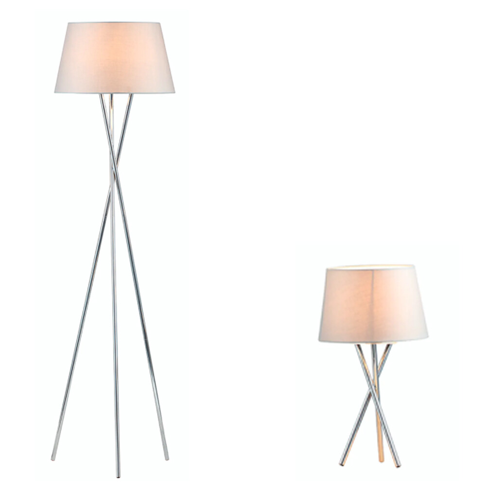 Litecraft Tripod Floor & Table Lamp Set With Tapered Shades - Chrome Clearance