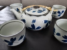 Japanese Porcelain Floral Blue Design Teapot, Cups Tea Set / Sake
