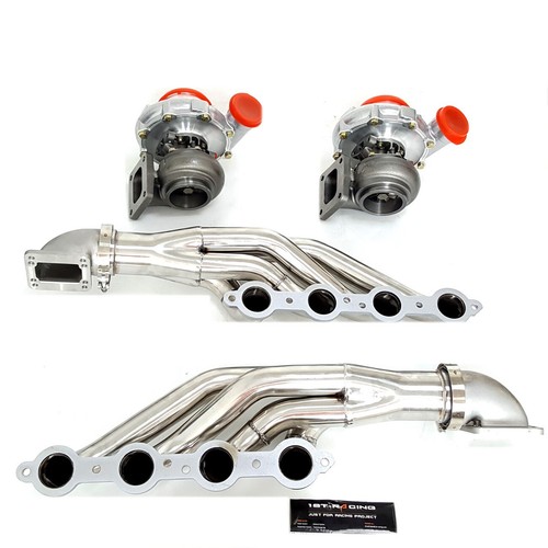 T4 AR0.80/0.96 PAIR Oil Turbos+Exhaust Manifolds+Cast Elbows for LS1 LS6 LSX GM - Picture 4 of 7