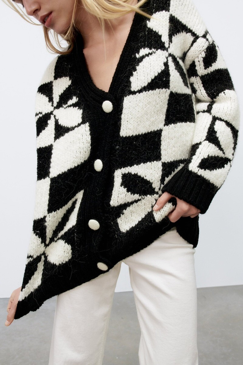 ZARA CHECKERED KNIT JACQUARD CARDIGAN ECRU/BLK 5802/106 S | eBay ZARA CHECKERED KNIT JACQUARD CARDIGAN ECRU/BLK 5802/106 S | eBay